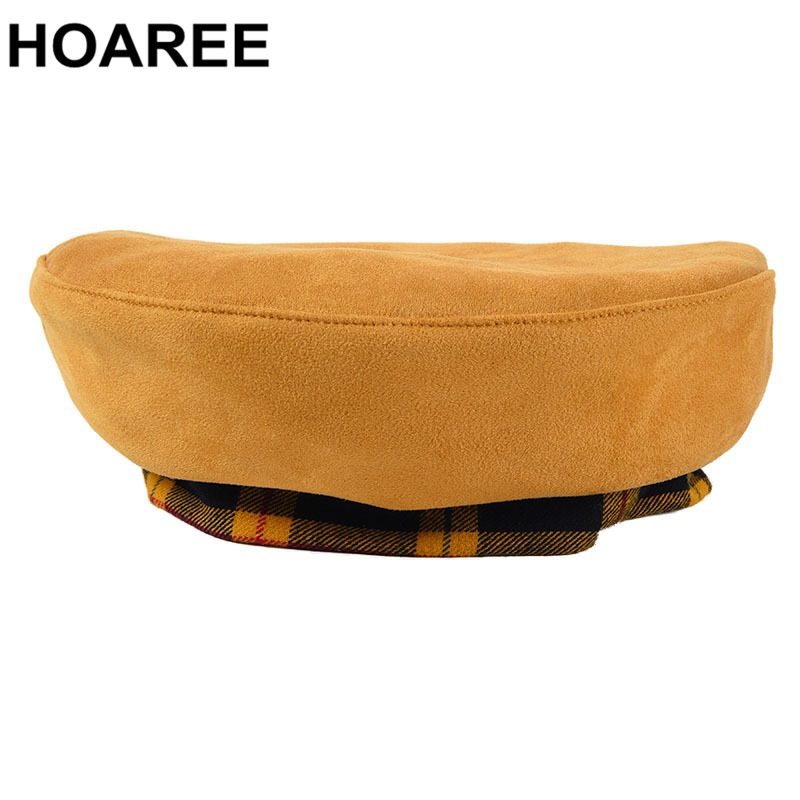 

HOAREE Reversible Winter Hat Yellow Women Plaid Two-sided Suede Beret Hat Patchwork High Quality Brand Ladies French Baret, Red