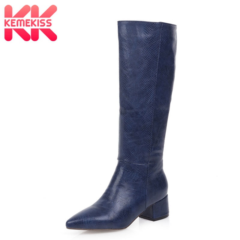 

KemeKiss Leather 5 Colors Knee High Boots For Women Pointed Toe Print Square Heel Office Casual Female Footwear Size 34-47, Beige
