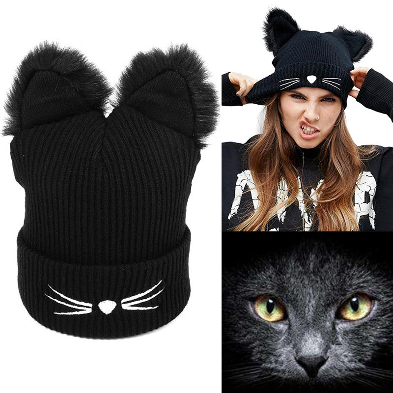 

Fashion Women's Cute Autumn Winter Beanies Hat Cat Ears Soft Skullies Beanies Hat Cap Girls Female bonnet, Black