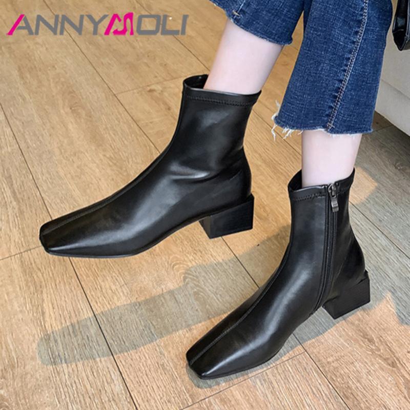 

ANNYMOLI Med Heel Ankle Boots Woman Boots Zipper Chunky Heel Female Short Square Toe Shoes Ladies Autumn Beige Black Khaki