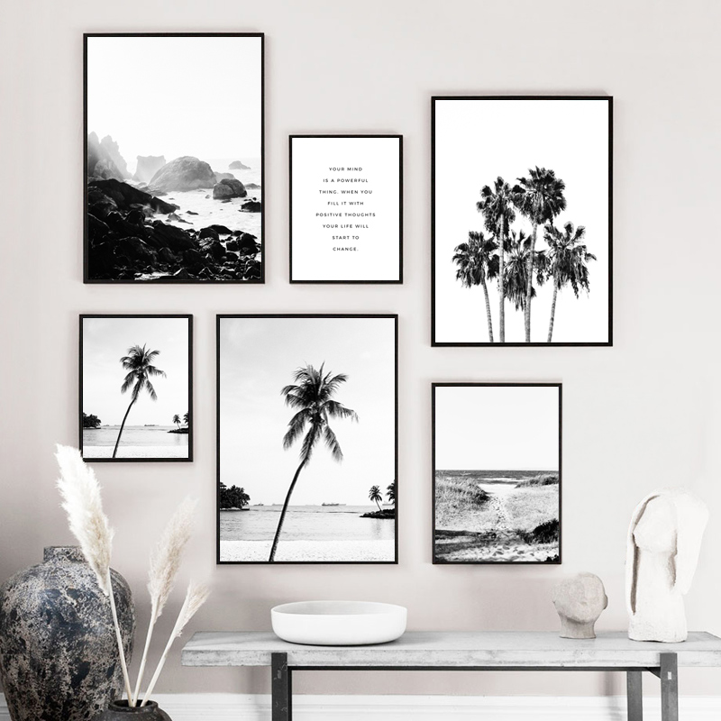 

Scandinavian Landscape Canvas Poster Ocean Beach Palm Wall Art Positive Quote Print Painting Nordic Black White Home Decor