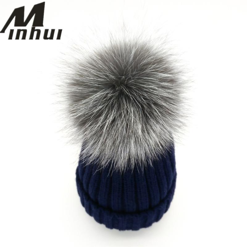 

Minhui 2020 New Real Silver Fur Pompom Hat Women Girls Knitted Skullies Beanies Gorro Pom Poms Winter Hats Female Cap, White