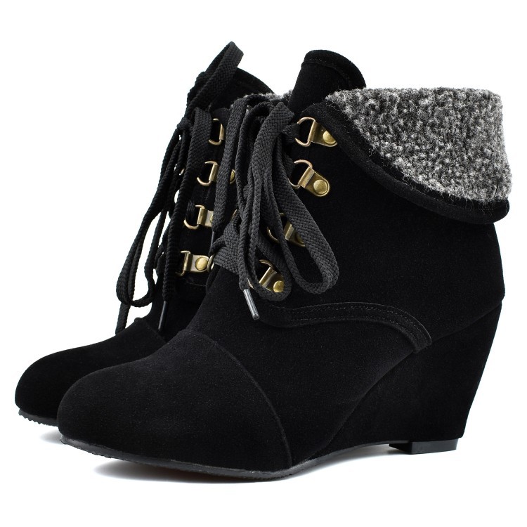 

Winter women ankle boots keep warm lace up ladies snow boots sexy high heels wedges cotton shoes big size punk, Black