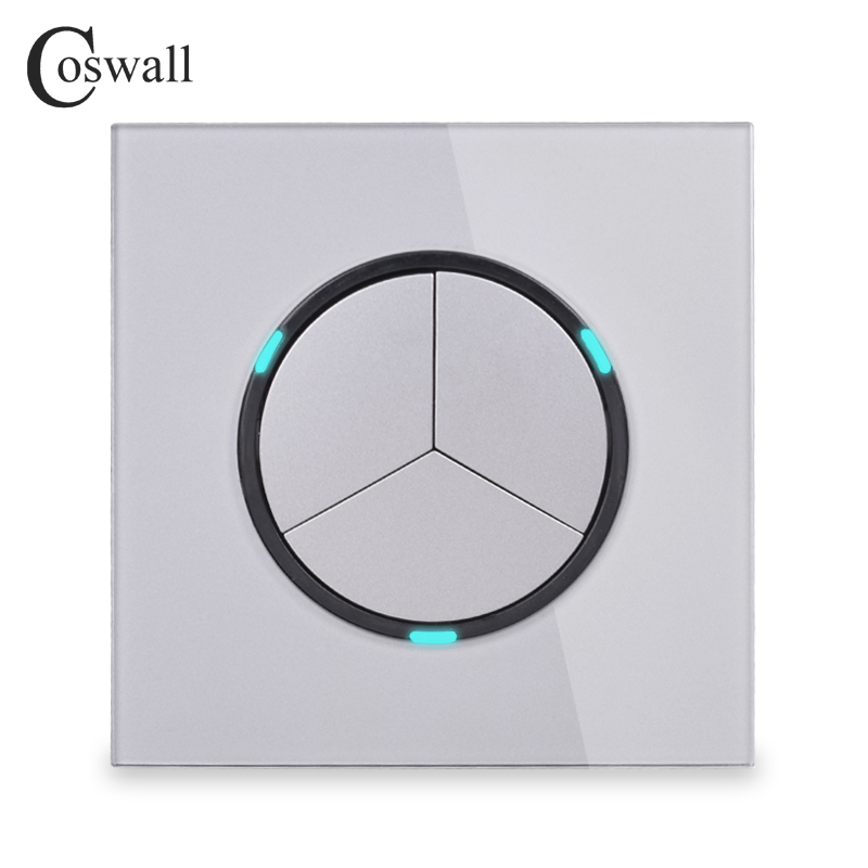 

Coswall 3 Gang 1 Way Random Click Push On / Off Wall Light Switch With LED Indicator Tempered Crystal Glass Panel 16A Grey