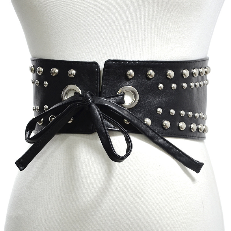

New Luxury Ladies Wide Belt Elastic Vintage Punk Rivet PU Leather Fashion Wild Pin Buckle Women's Black Belt Waist Seal