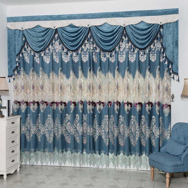 

Custom curtains luxury high class Chenille upscale European blue embroidery thicken cloth blackout curtain tulle valance N237, Tulle sheer