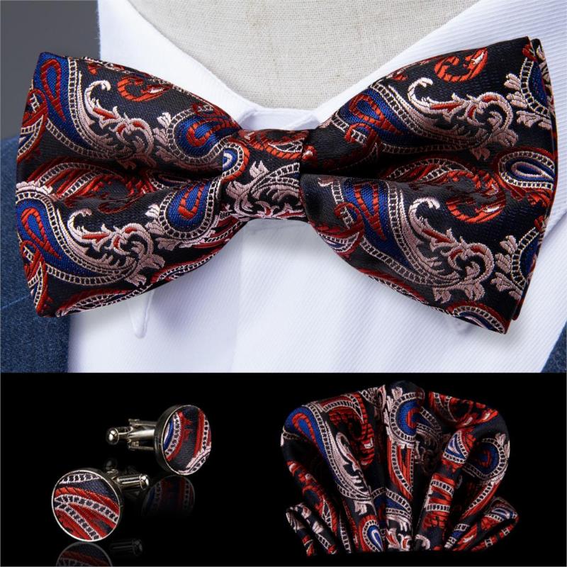 

DiBanGu Red Blue Paisley Butterfly Silk Self Bow Tie For Men Classic Wedding Bowtie Handkerchief Set Neckwear Mens Ties JM-106