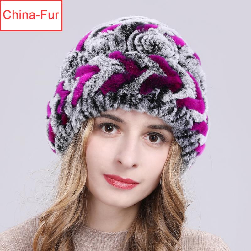 

Fashion Women Natural Rex Fur Hats Knit Striped Genuine Rex Fur Beanies Cap Winter Warm Flowers Skullies Hat, Coffee white