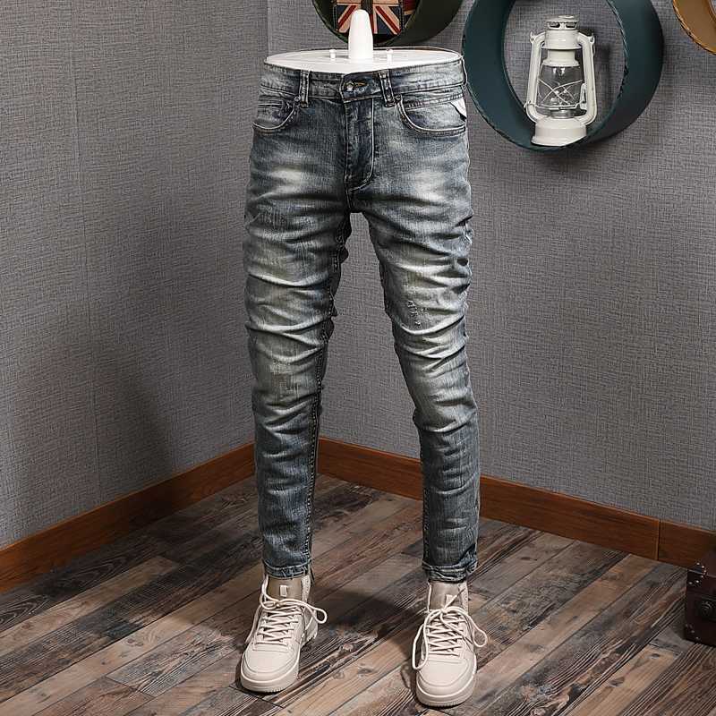 

Italian Vintage Fashion Men Jeans Retro Washed Classical Slim Jeans Men Elastic Denim Pants Designer Ripped Homme, Retro blue