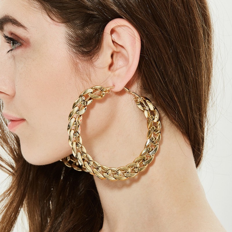 

AENSOA Simple Gold Color Big Round Metal Hoop Earring Fashion Circle Metal Chain Hoop Earrings for Women Party Nightclub Jewelry