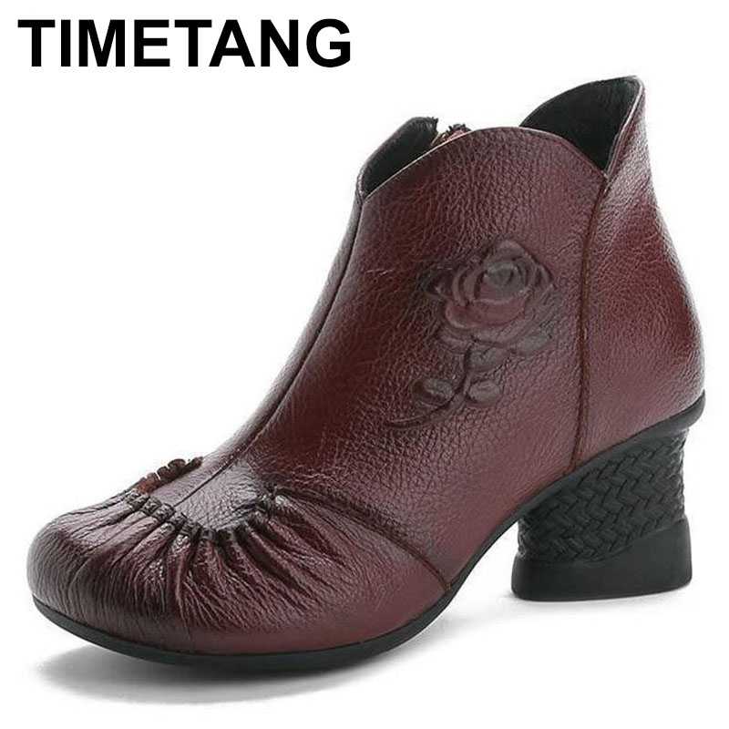 

TIMETANG Hot Sale 2020New Fashion Boots Pleat Flower Genuine Leather Boots Comfort Warm Winter High Heel Shoes Woman Ankle, Without plush black