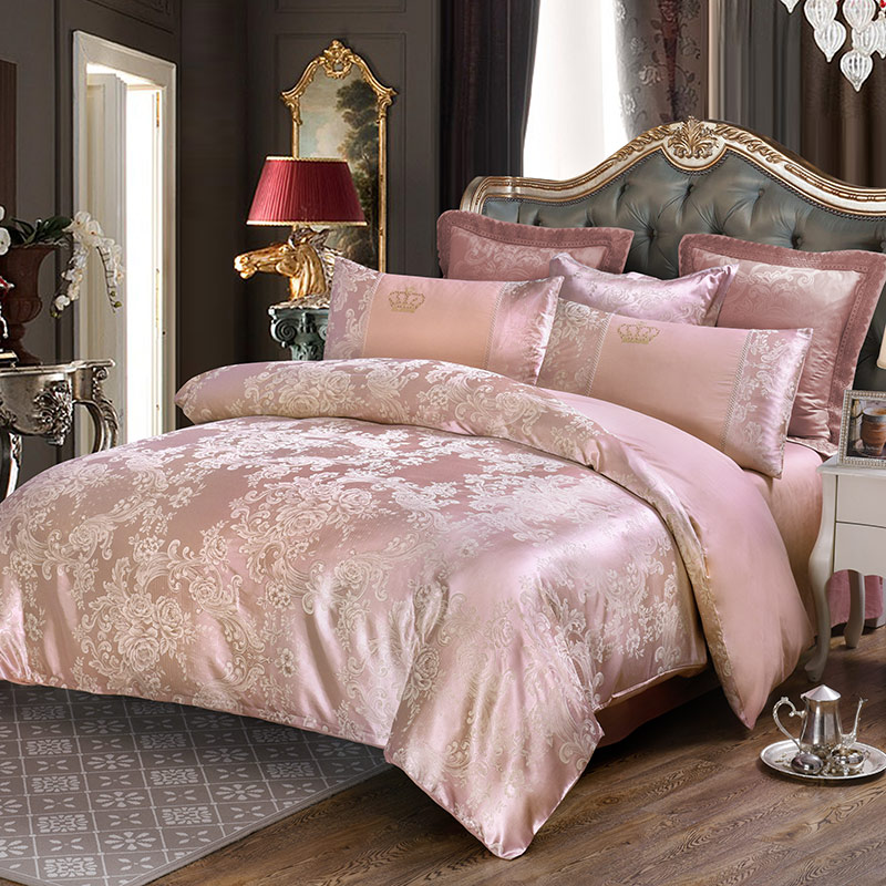 

Deep pink flowers jacquard 4pcs queen king bedding sets luxury silk quilt duvet covers quality bed clothes bedsheet pillow 40, Style2