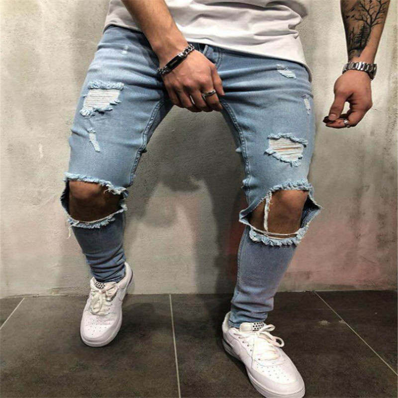 

2020 European and American jeans new style ripped slim-fit men' trousers denim High Quality hot sale brushed water jeans size -4XL, Blue