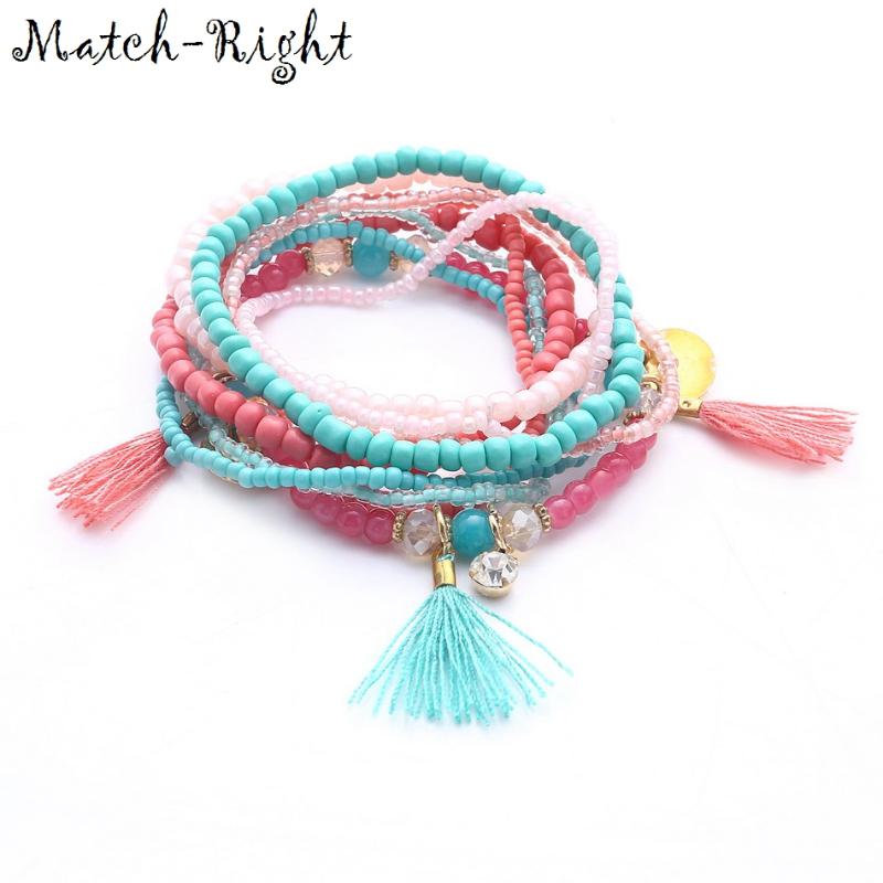 

Match-Right Women Bohemia Jewelry of Multilayer Elastic Weave Set Bracelets & Bangles with Tassel Charm Wrap Bracelet LG-073