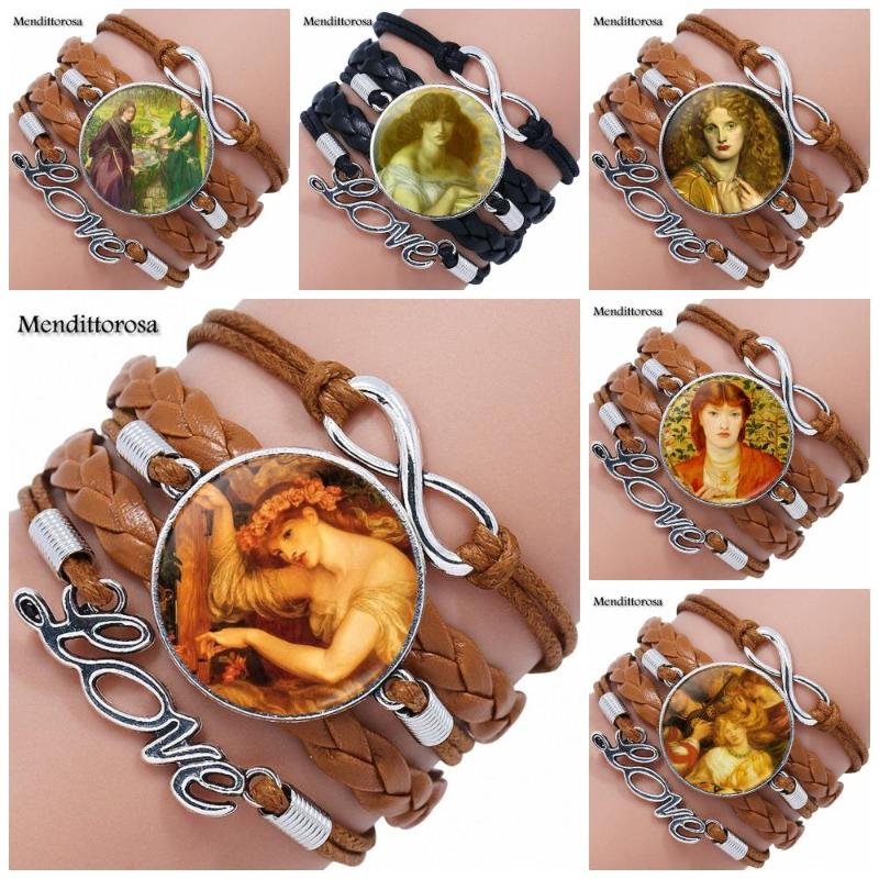 

For Women Party Gift Hot Sale Glass Cabochon Multilayer Black/Brown Leather Bracelet Bangle Rossetti Pre Raphaelite Sea Spell