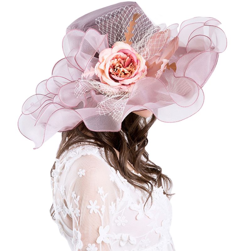 

Women Mesh Veil Sun Hat Ruffles Artificial Flower Feather Large Wide Brim Party Wedding Fascinator Cap, Lp
