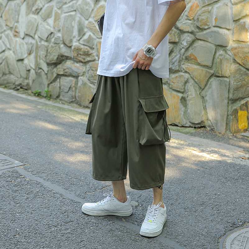 

Men' Casual Cropped Trousers Summer New Japanese Straight Wide Leg Pants Loose Casual Beam Pants, Black