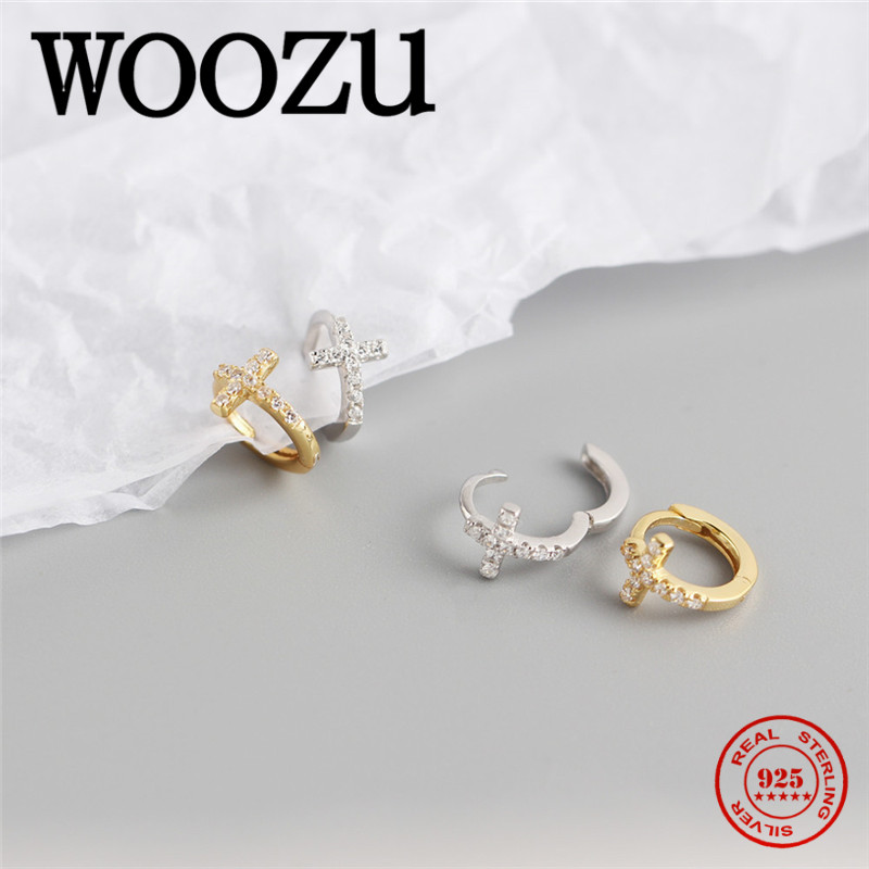 

WOOZU Genuine 925 Sterling Silver Ethnic Religion Pave CZ Cross Ear Buckle for Women Simple Chic Unisex Jewelry Accessories