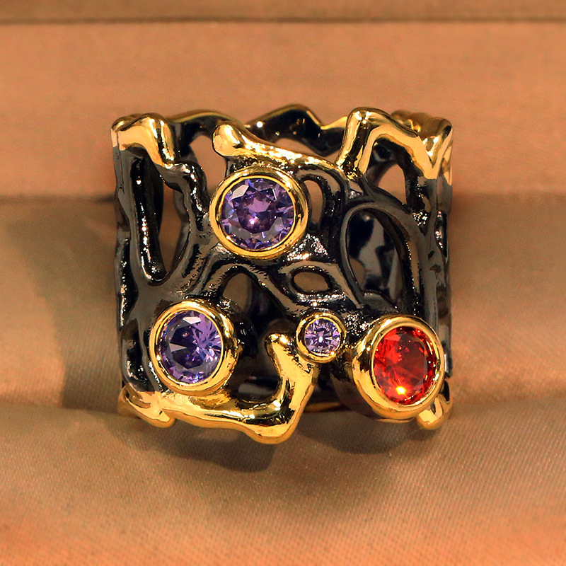 

Top quality Unique Design Punk Rings for Women Black Gold color Colorful Zircon Cocktail Party Ring Hip hop Hollow out Ring