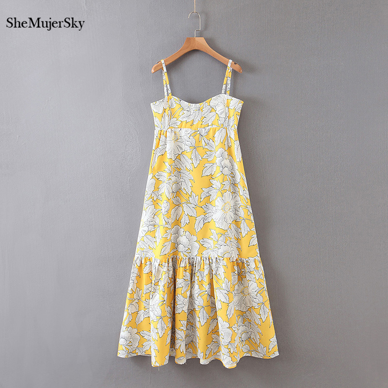 

SheMujerSky Women Yellow Midi Dress Summer White Floral Print A-line Dresses 2020 Sleeveless Dress vestidos