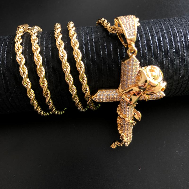 

Chains Rose & Cross Pendant Hiphop Iced Jewelry