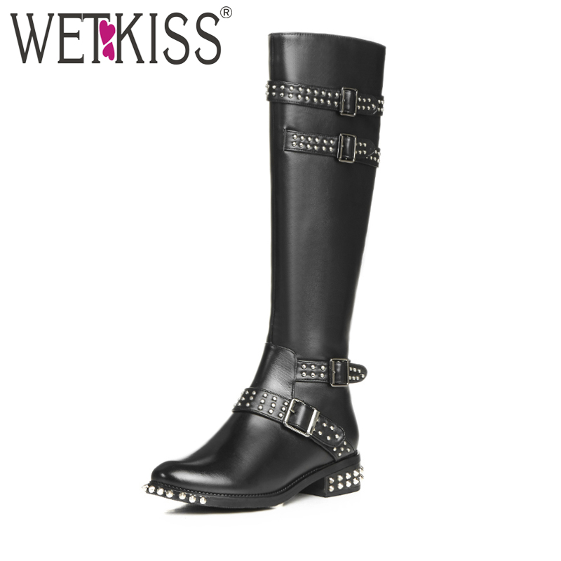 

WETKISS 2020 Cool Rivet Knee High Boots Women Genuine Leather Buckle Strap Motorcycle Boots Winter Footwear Zipper Chunky Heels, Black