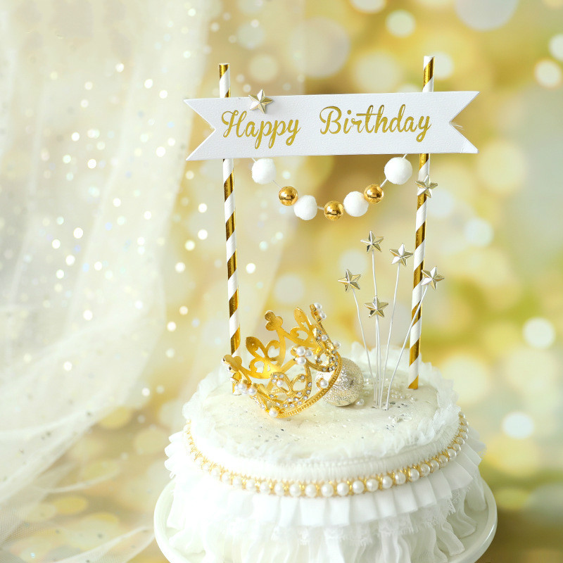 

Golden Silver Ball Star Happy Birthday Cake Topper Lovely Crown Cake Top Flag Decorations Boy Birthday Party Wedding Supplies