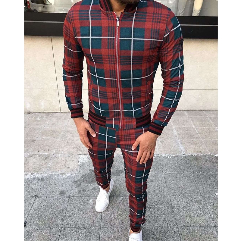 

2020 Gentlemen Tracksuit Fashion Sporting Suit men Brand Plaid Zipper Sweatshirt+Sweatpants Mens Clothing 2 Pieces Sets
