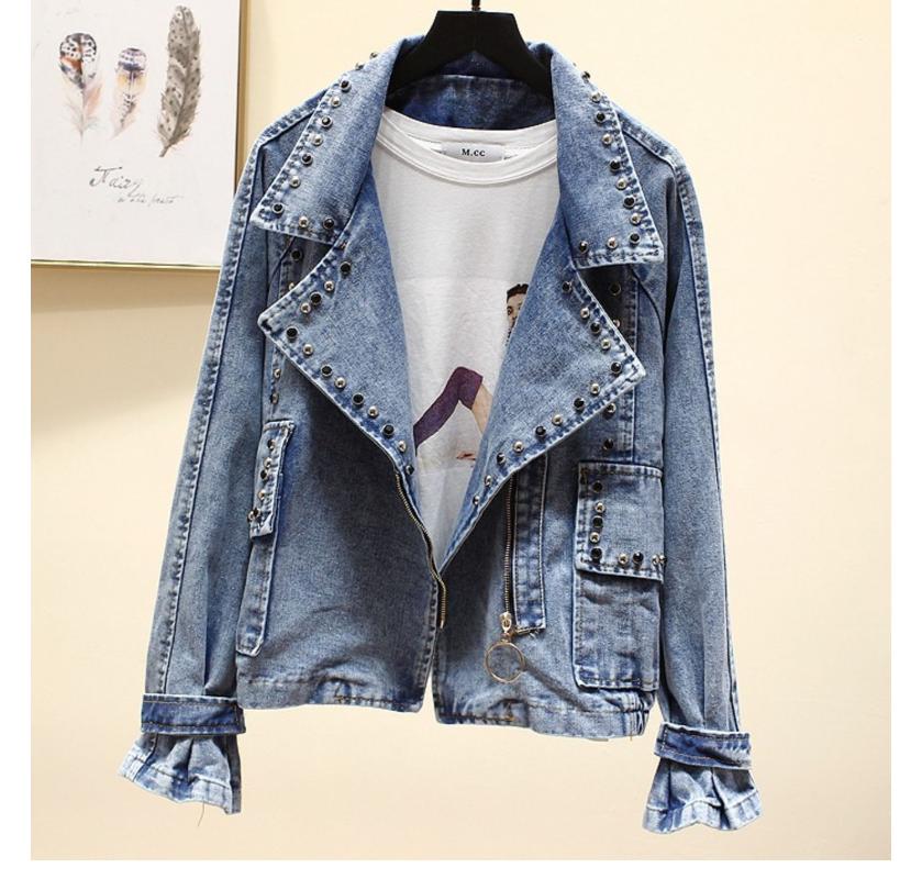 

Korean Rivet Beading Denim Women 2020 Spring Vintage Long Sleeve Ladies Jeans Jacket Student Basic Outerwear Streetwear, Black