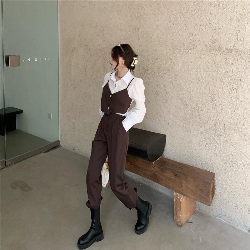 

Women 2020 Spring Autumn Set Loose Puff Sleeve Top Shirt And Long Pants Two Piece Sets Female Fashion Casual Outfit Suit Y869, Black