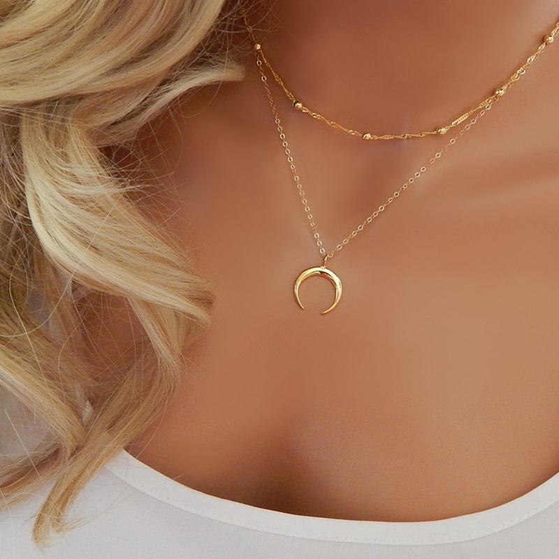 

KPOP Layered necklace Horn Necklace, Crescent Moon Necklace, Boho Jewelry