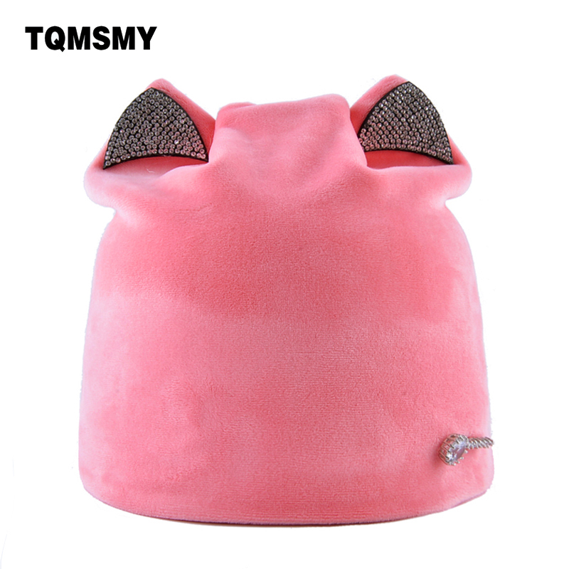 

TQMSMY Rhinestone Cat bone Lovely Autumn hats for women beanie Russia girls winter beanies Ladies gorros Flannel, Pink