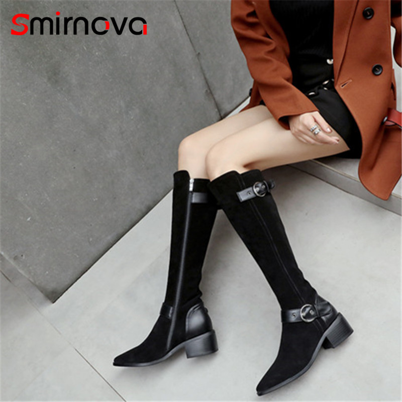 

Smirnova TOP popular cow suede leather long boots ladies hot sale pointed toe knee high boots winter warm woman black