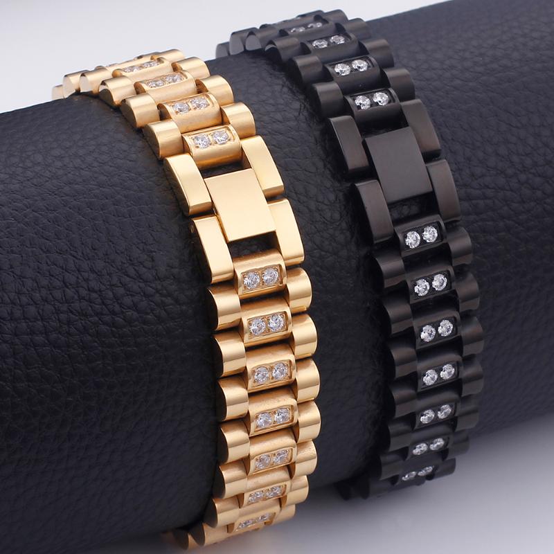 

Gold Black Stainless Steel Watch Band Bracelet 16MM Luxury Full Of CZ Setting Bracelet Homme Friendship Bracelets Dropshipping