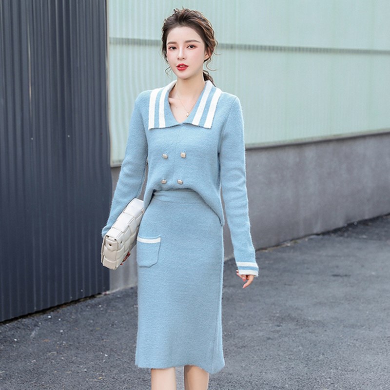 

Korean Women Autumn Winter Two Piece Set Fashion Blue Knit Sweater Set Sexy Turn-down Long Sleeve Shirt And Slim Bodycon Skirt
