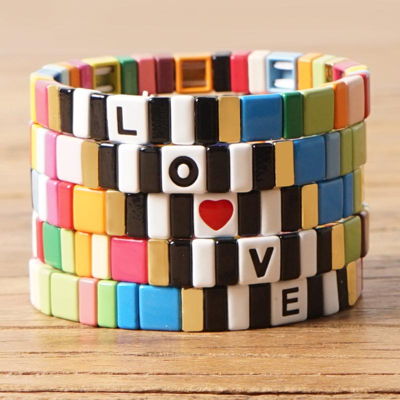 

Shinus Letter Bracelets Enamel Tile Bracelet Women Rainbow Heart Pulseras Mujer Moda 2020 Jewelry Handmade Paint Beads Gift