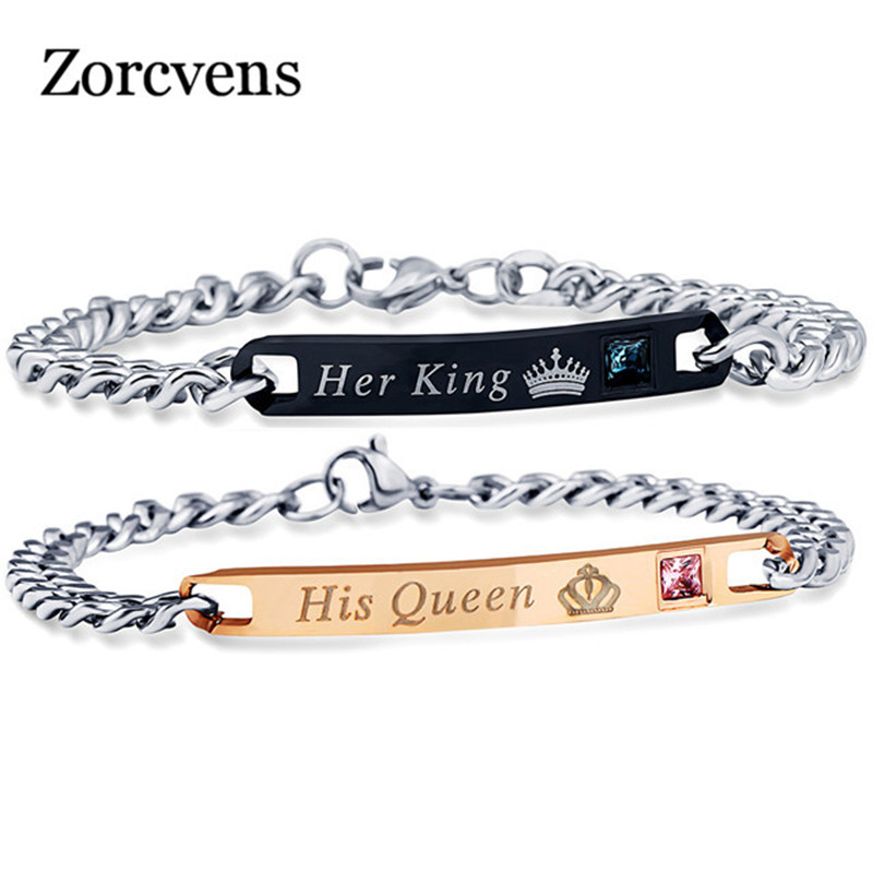 

ZORCVENS His Queen Her King Couple Bracelets Crystal Stainless Steel Pair Bracelets Heart Crown Charm For Women Men Jewelry