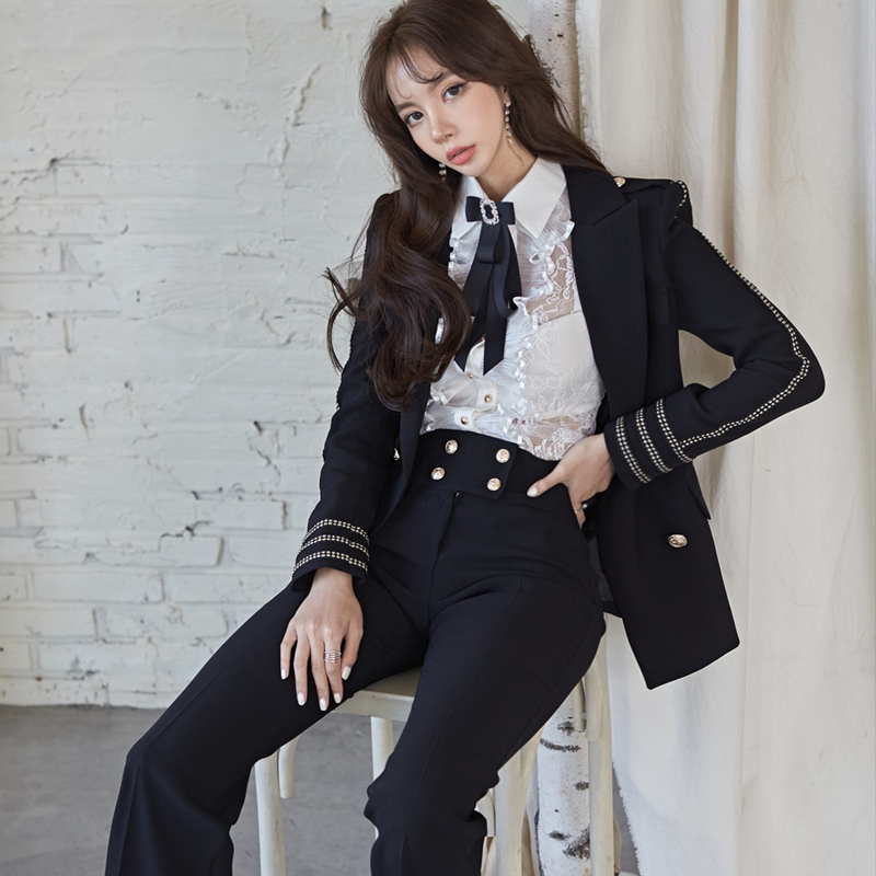 

Women' Office Lady 2 Pieces Sets Solid Green Elegant Double Breasted Pant Suits Blazers And Ankle-Length Pants Trousers, Photo color