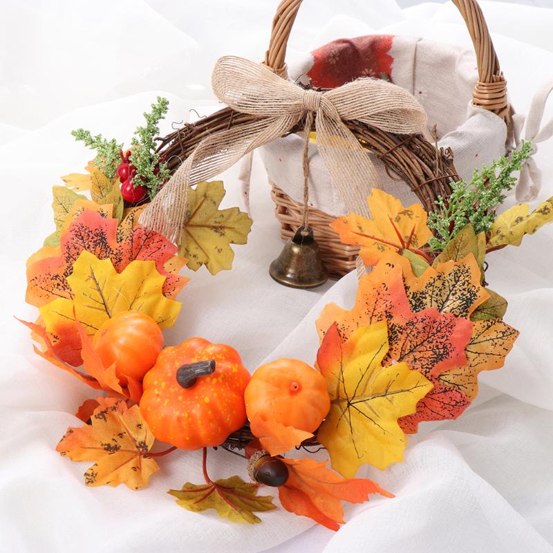 

Artificial Leaves Wreath Autumn Pumpkin Bell Door Wall Hanging Wreath Ornament Garland Christmas Halloween PartyDeco, 30cm