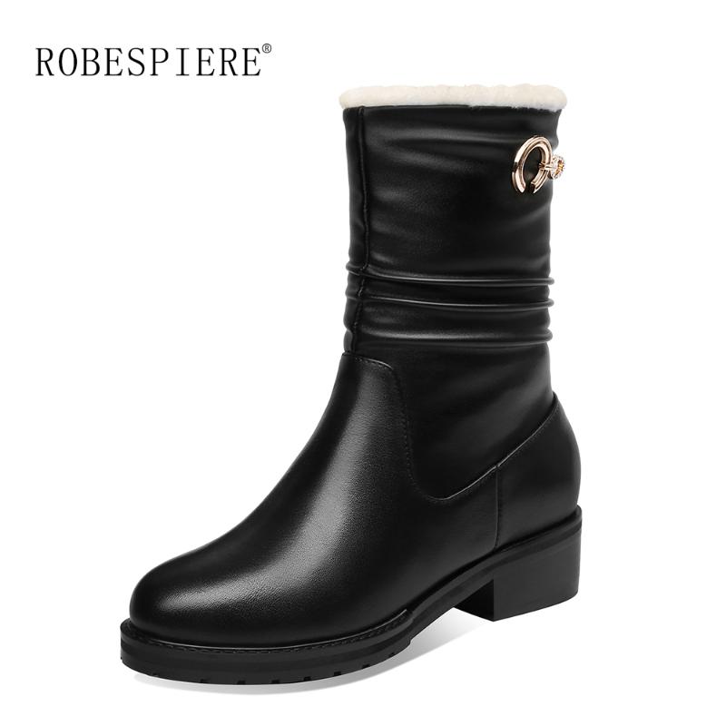 

ROBESPIERE Women Snow Boots High Quality Genuine Leather Winter Waterproof Shoes Woman Fashion Buckle Warm Wool Ankle Boots B173, Black