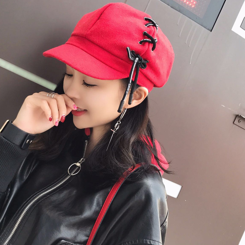 

New Korean Personality Shoelace Suede Beret Woman Chamois Octagonal Hats Lovers Fashion Joker Autumn And Winter Painter Hat, Black