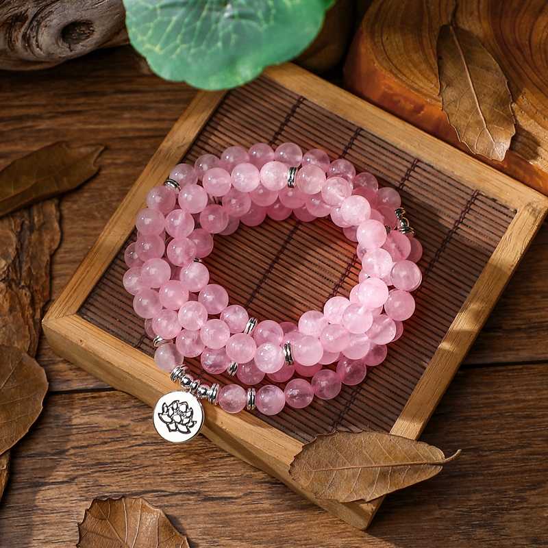 

New Design Pink Quartz Yoga Bracelet Women Natural Stone Rose Crystal Bracelet Lotus Necklace Jewelry