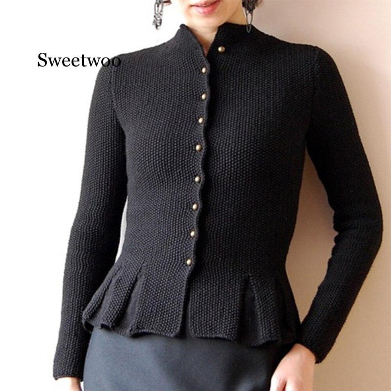 

New Spring Women Retro Luxury Knitted Cardigan Solid Color Vintage Button Sweaters Coat Casual Ruffle Hem Knitting Short Coat, Blue