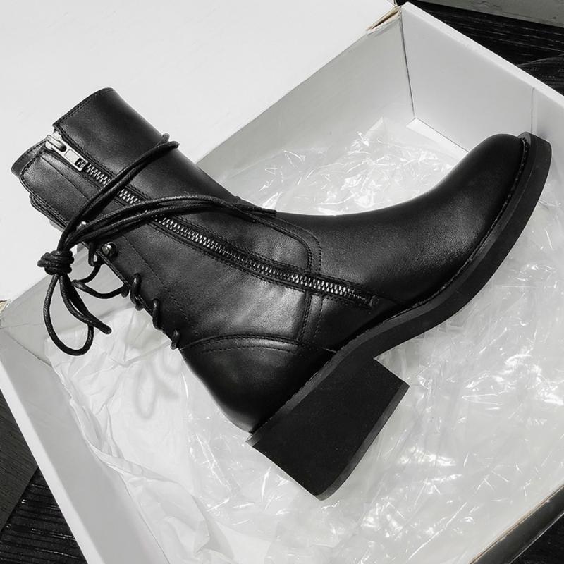 

2020 boots for women thick leather boots platform woman side zipper lace-up winter Short Plush