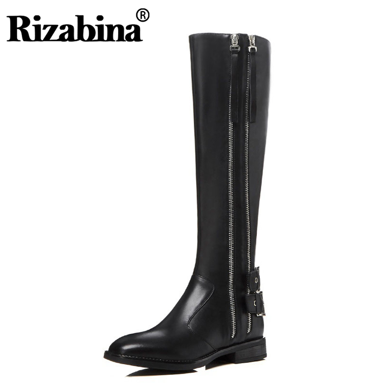 

RizaBina Women Knee High Boots Real Leather Zippers Buckle Black Winter Boots Flats Round Toe Work Shoes Woman Size 34-41, Black 3 without fur