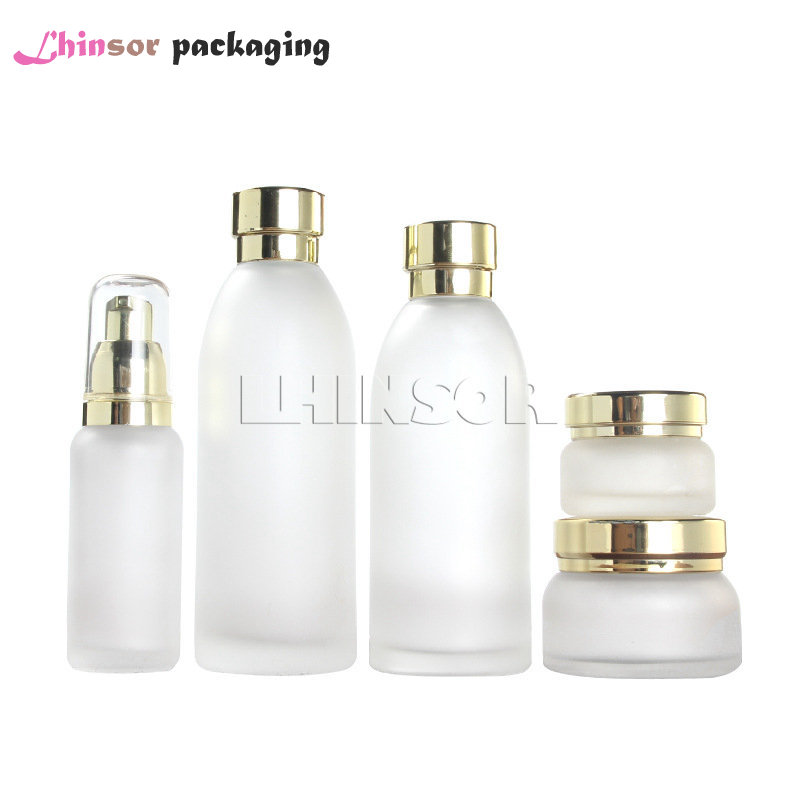 

5pcs/lot High-grade Frosted Transparent Glass Press Pump Lotion Bottle Toner Bottles Cream Jars Cosmetic Packaging Containers
