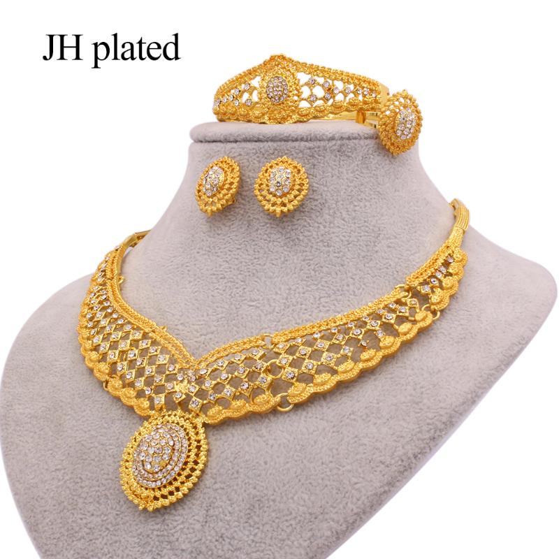 

Jewellery set gold color jewelry sets dubai wedding ornament bridal gifts for women collares necklace bracelet earrings ring set, As pic