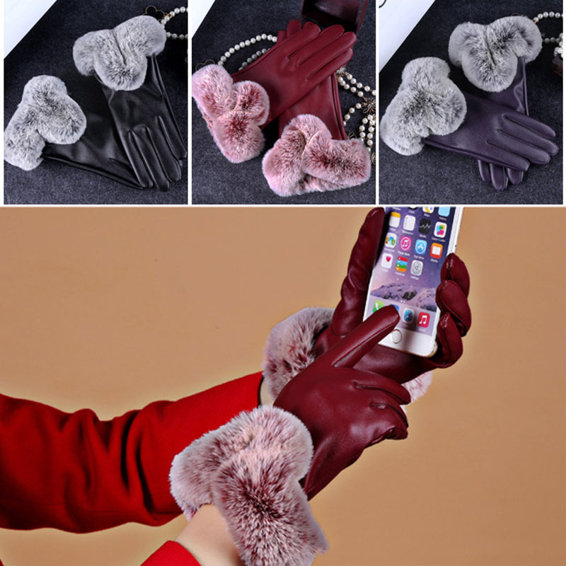 

1 Pair Winter Women Female Lady Short Wrist PU Button Faux Fur Mitten Guantes Soft Warm Gloves New Fashion Female Gloves