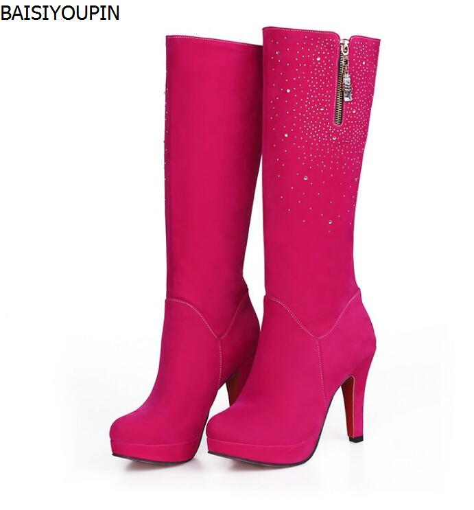 

2020 The New Fashion Winter Women Side Zip Diamond High-heeled Boots Sexy Biker Custom Large and Small Size 31-43 Womsns Shoes, Black