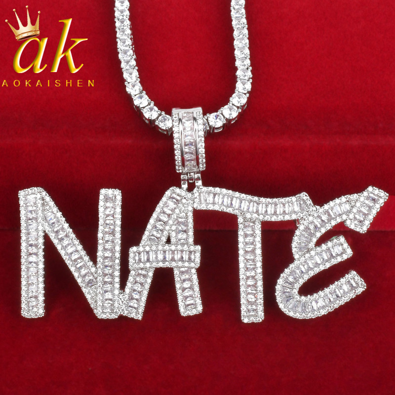 

Custom Name Necklace Bling Pendant Buguette Square Zircon Silver Color With Tennis Chain For Women Hip Hop Rock Jewelry
